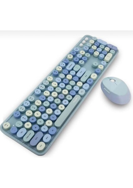 Bilişim Burada Mofii Sweet Retro Yuvarlak Tuşlu Mavi Klavye Mouse Set  Türkçe Klavye